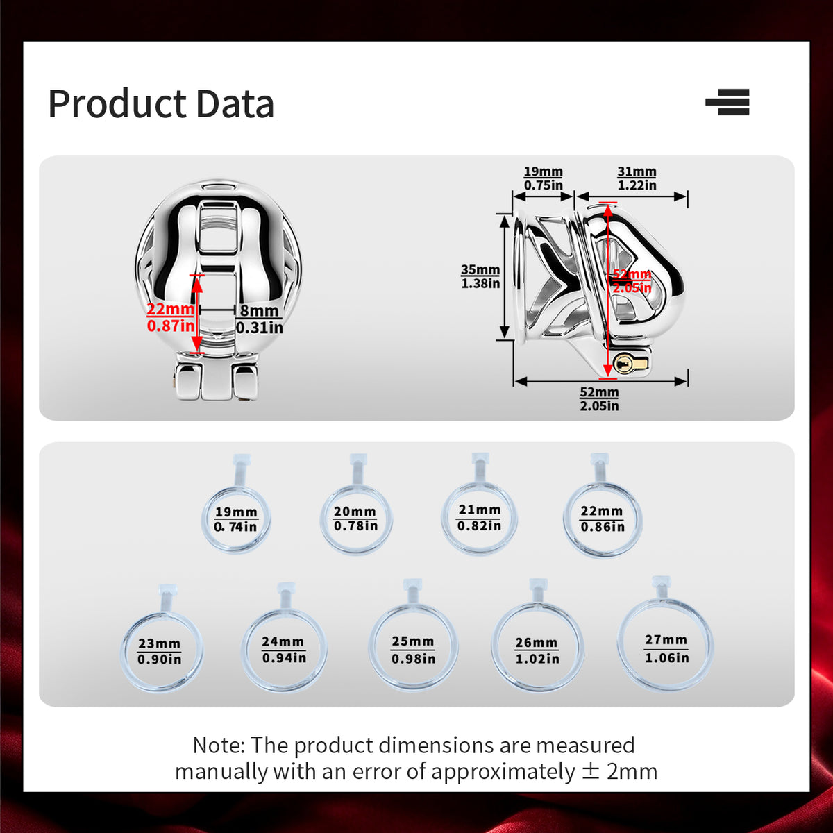 Product data diagram with cage and ring measurements for Yaokai chastity lock