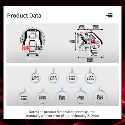 Product data diagram with cage and ring measurements for Yaokai chastity lock